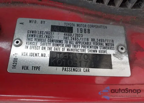 1989 Toyota Supra z USA, uszkodzony, nr VIN JT2MA70L9K0105178